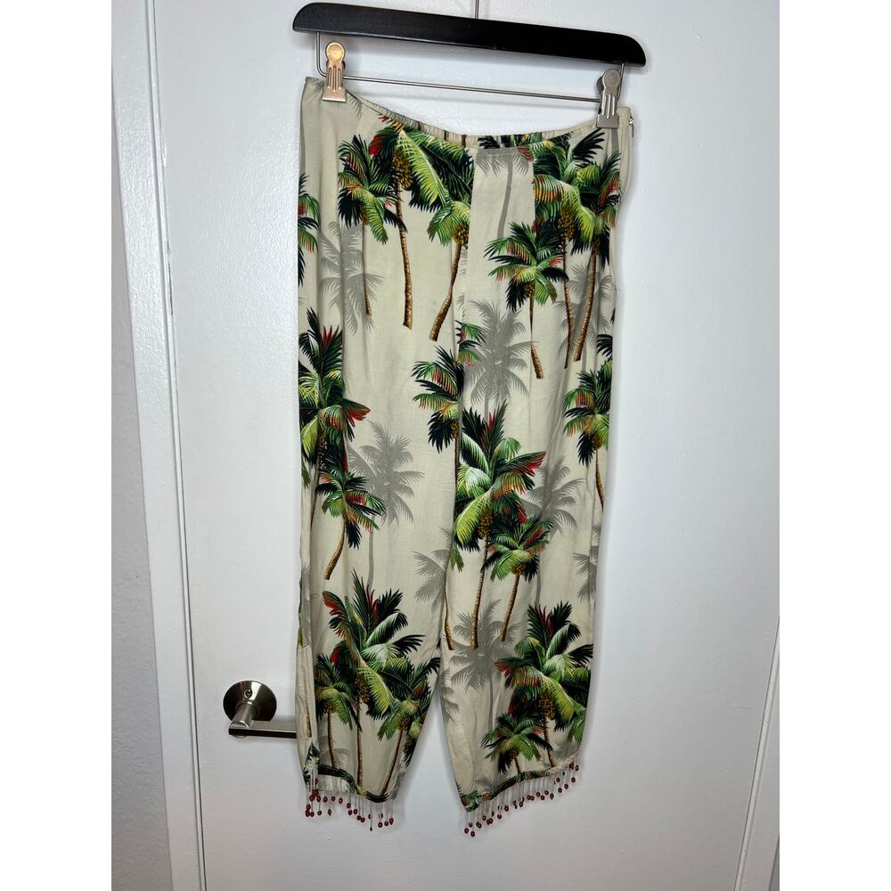 VTG SPA Women's Palm Tree Print Crop Pants Beaded Fringe Hemline ~ Size S
